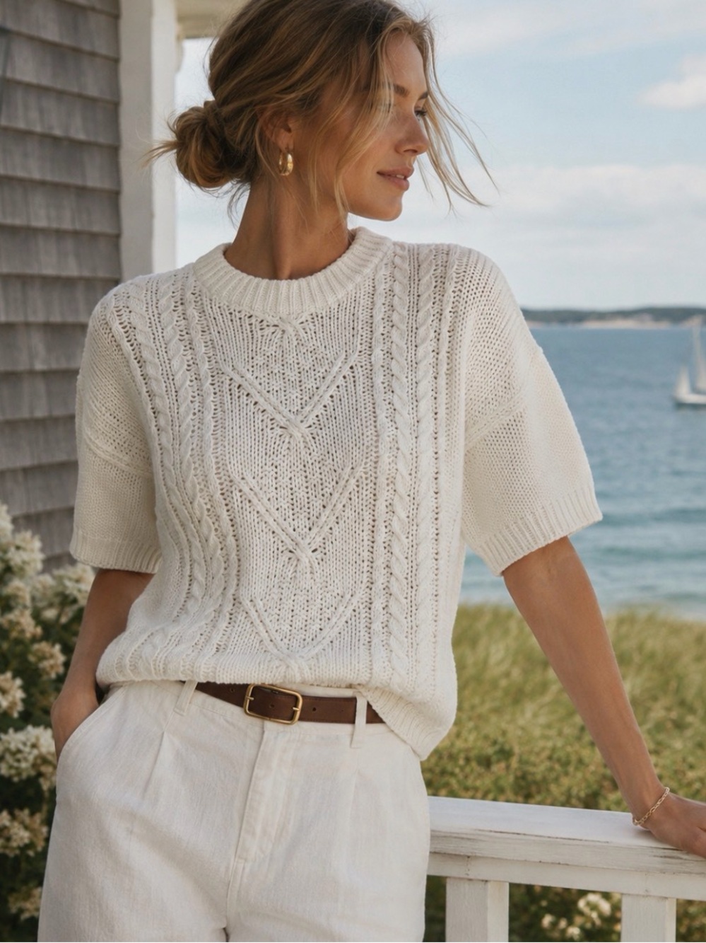 Body Maven Cotton Cable Knit Short Sleeve Sweater M Vintage Cottagecore Coastal